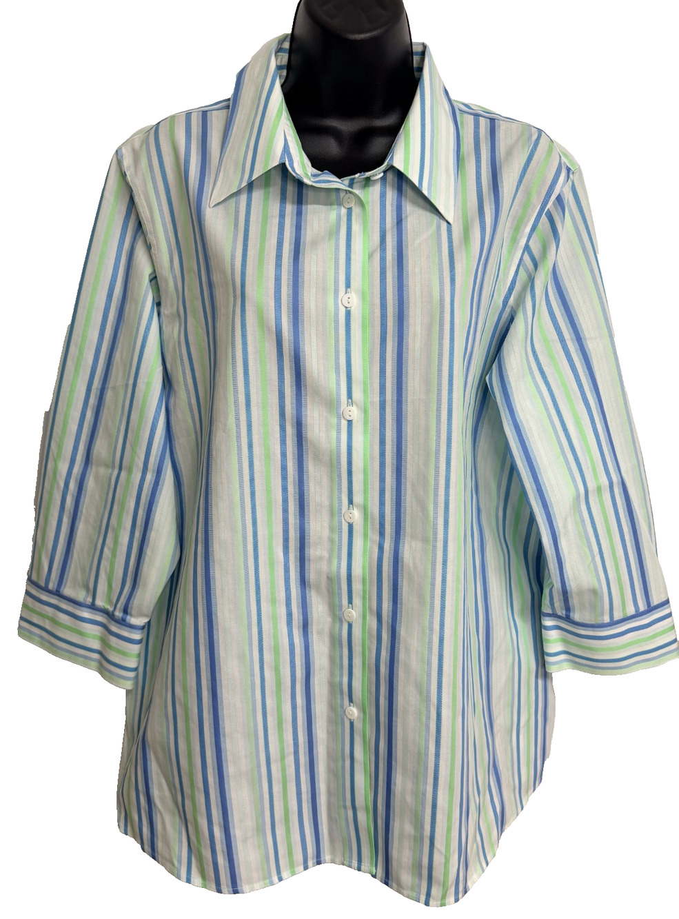 Foxcroft Non Iron Shaped Fit Shirt Womens 16W Blue Green Stripe 3/4 Sleeve Top